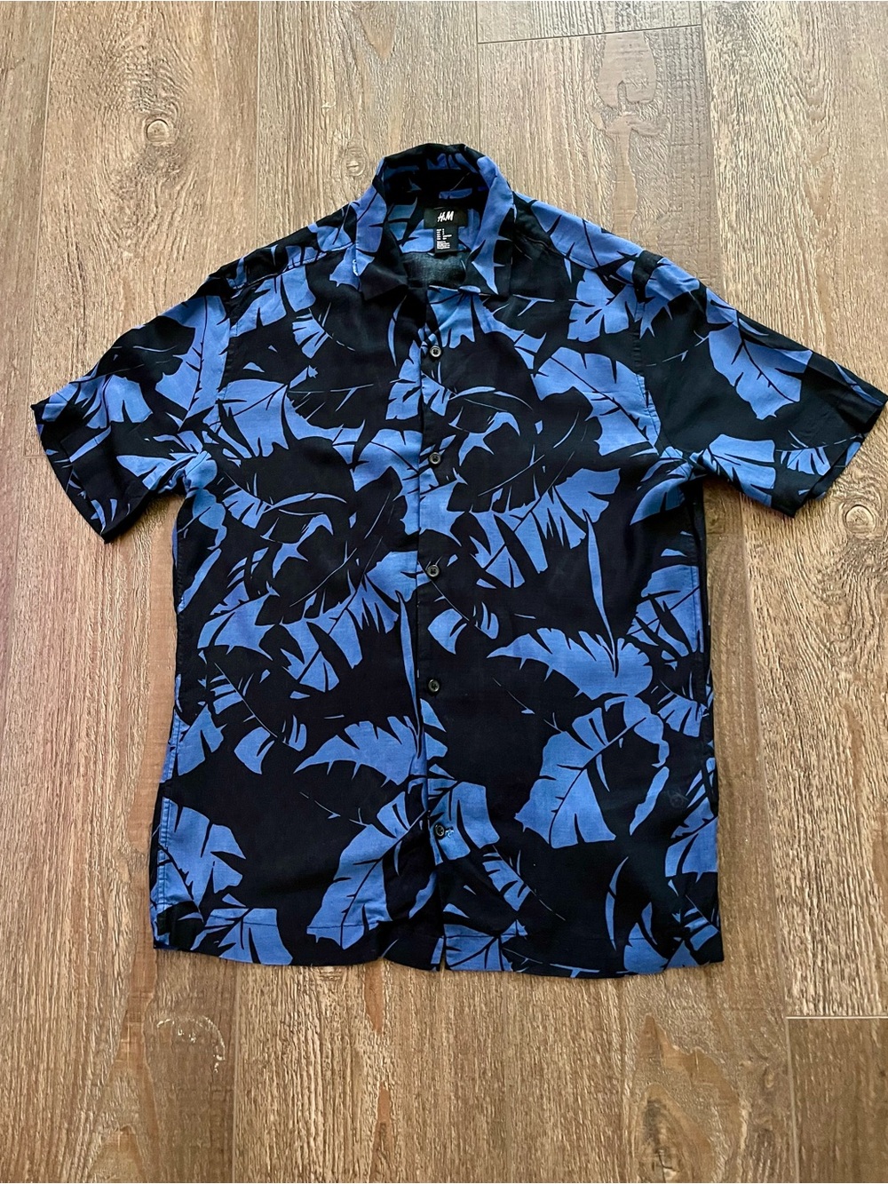 H&M Black Shirt with Blue Tropical Leaf Print